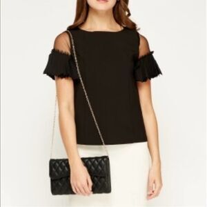 INA Black Semi Sheer Pleated Sleeves Ruffle Blouse SZ L